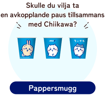 Illustration av en karta över Japan och ett flygplan. Chiikawa, Usagi och Hachiware njuter av resan tillsammans.