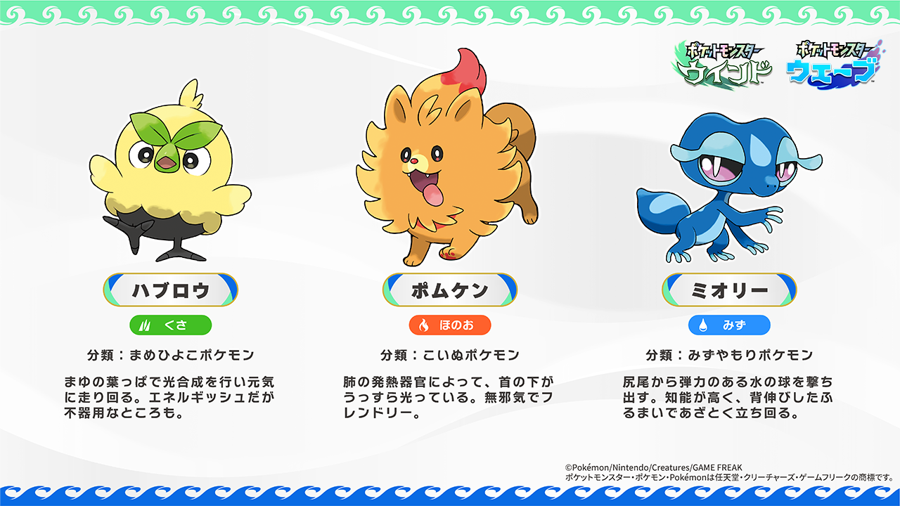 ポケットモンスター ウインド ポケットモンスター ウェーブ ハブロウ くさタイプ 分類：まめひよこポケモン まゆの葉っぱで光合成を行い元気に走り回る。エネルギッシュだが不器用なところも。 ポムケン　ほのおタイプ　分類：こいぬポケモン　肺の発熱器官によって、首の下がうっすら光っている。無邪気でフレンドリー。　ミオリー　みずタイプ　分類：みずやもりポケモン　尻尾から弾力のある水の球を撃ち出す。知能が高く、背伸びしたふるまいであざとく立ち回る。　©Pokémon. ©Nintendo/Creatures Inc. /GAME FREAK inc.　ポケットモンスター・ポケモン・Pokémonは任天堂・クリーチャーズ・ゲームフリークの登録商標です。