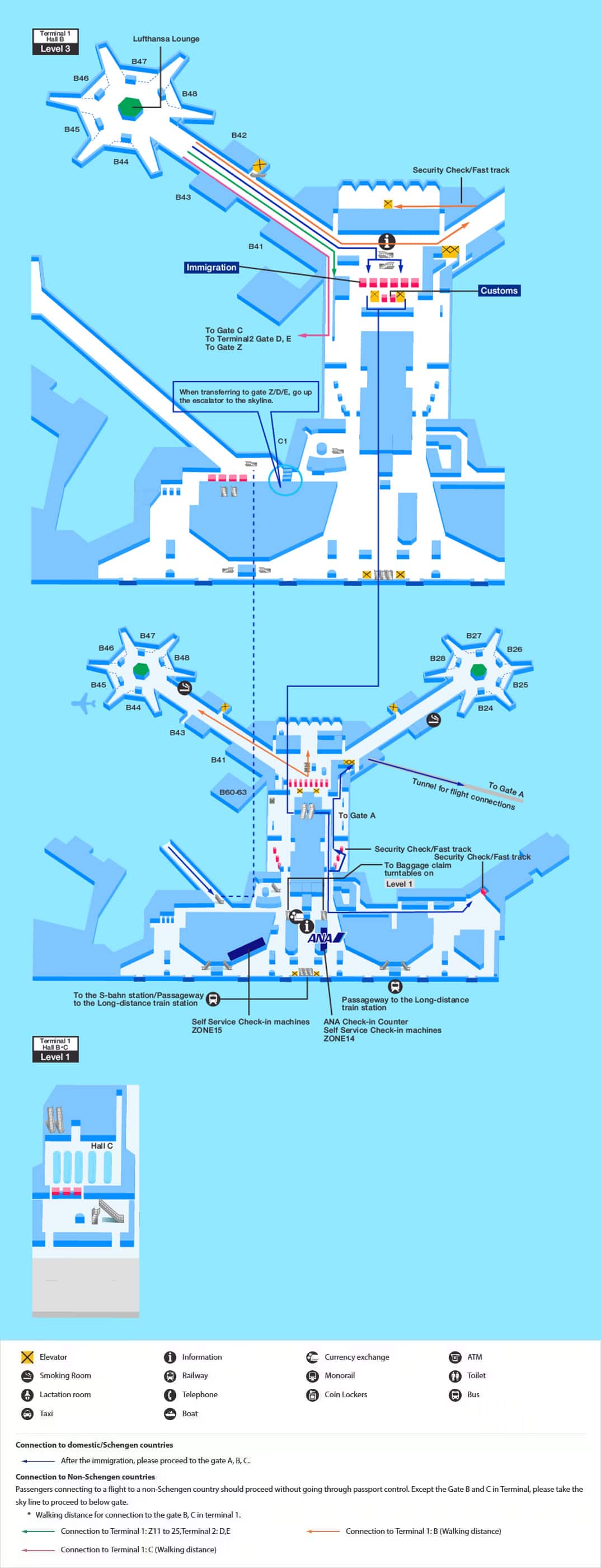 フランクフルト空港のANAからの乗り継ぎマップ