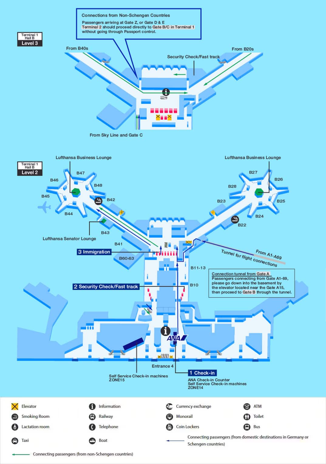 フランクフルト空港の他の航空会社よりANAへの乗り継ぎマップ