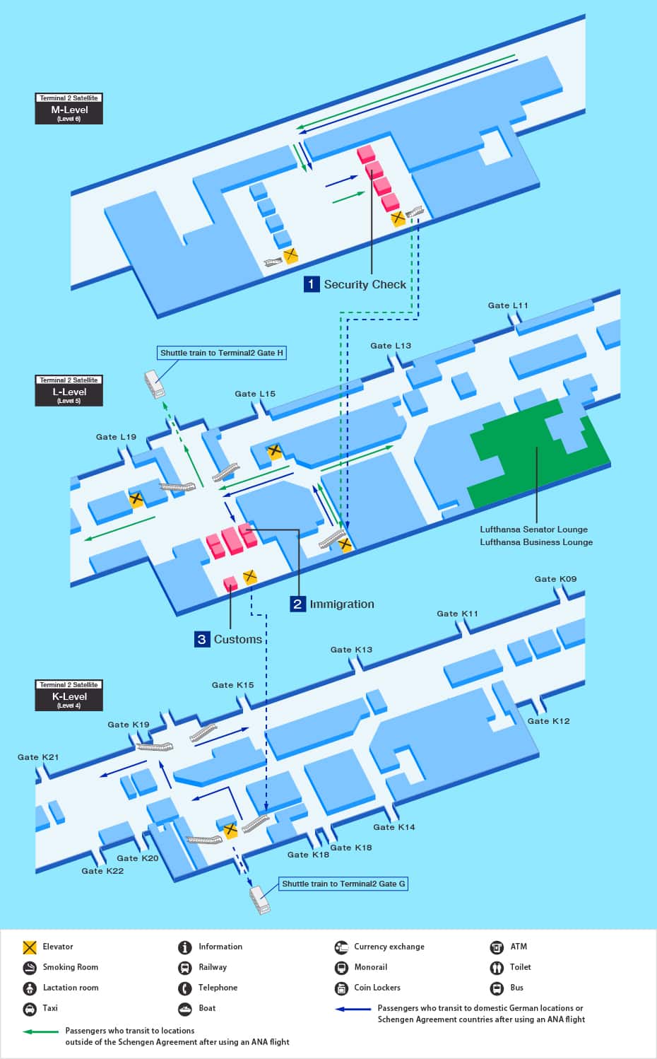 Transit from ANA flights to other airlines map of Munich airport