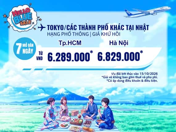 Hello Blue Sale! Tokyo/Thành phố khác ở Nhật. Từ VND 6.289.000* TP. Hồ Chí Minh  Từ VND 6.829.000 * Hà Nội   Hạng Phổ thông | Ưu đãi kết thúc vào 15/10/2026  | Giá Khứ hồi.  Giá vé không bao gồm thuế và phụ phí. *Có áp dụng điều khoản & điều kiện 
