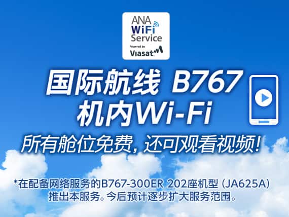 国际航线 B767 机内Wi-Fi 所有舱位免费，还可观看视频！ *在配备网络服务的B767-300ER 202座机型（JA625A）推出本服务。今后预计逐步扩大服务范围。