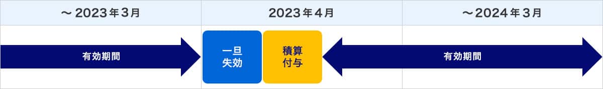 2023年3月31日(金)で一度失効しますが、2023年4月中旬に2024年3月31日(日)を有効期限として同数のマイル・ANA SKY コインを積算・付与いたします。